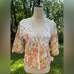 Chris Mclaughlin Women's Crochet Lace Cardigan Topper Coral Floral Small NWT